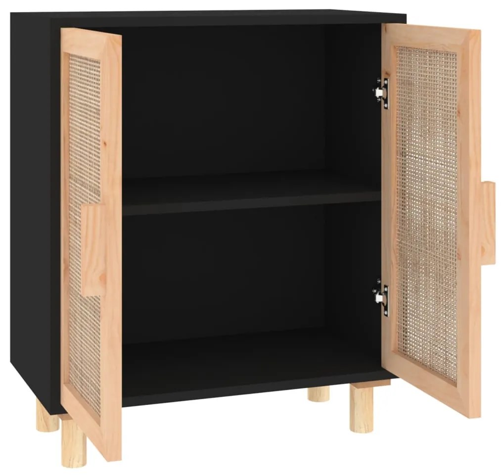 fekete tömör fenyő/természetes rattan tálalószekrény 60x30x70cm