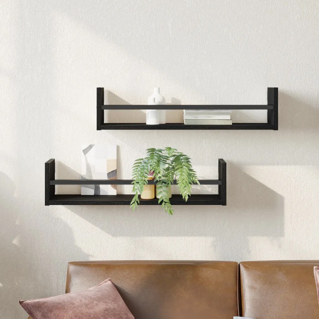 Falipolcok 2 db Fekete Tölgy 60x16x14 cm Műszaki Fa