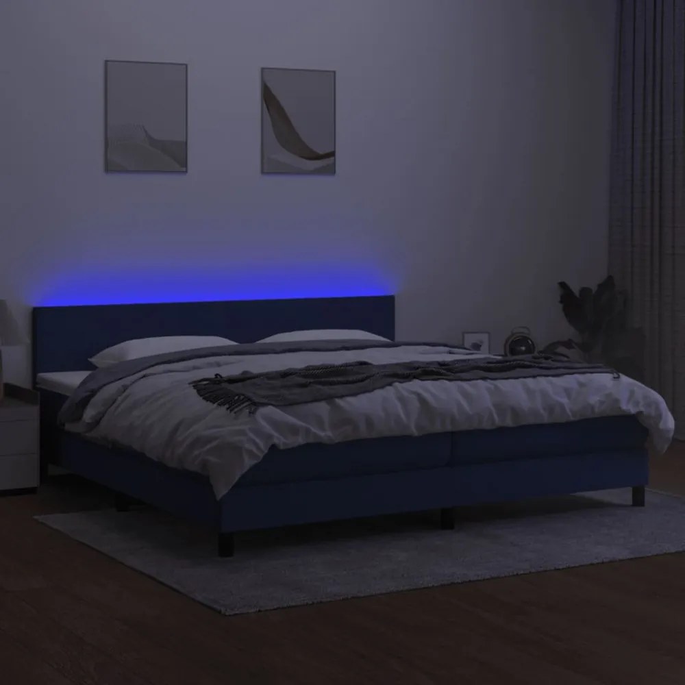 kék szövet rugós és LED-es ágy matraccal 200 x 200 cm