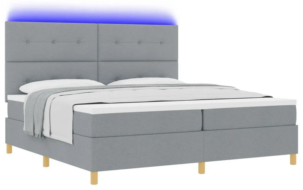 vidaXL Boxspring Ágy Mattal és LED Fénnyel Világosszürke 200x200 cm Szövet