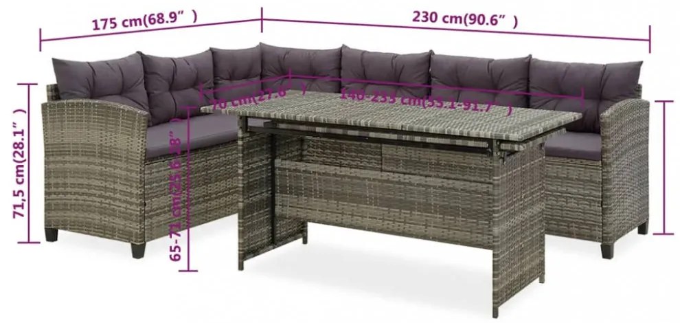 2-részes szürke polyrattan kerti bútorszett párnákkal