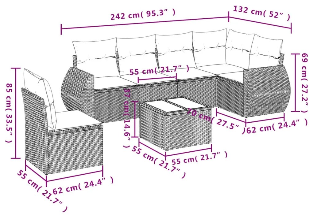 7 részes fekete polyrattan kerti ülőgarnitúra párnával