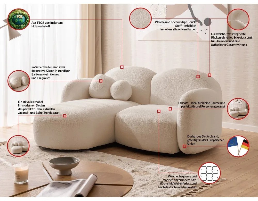 Világosbarna buklé sarokkanapé (bal oldali-heverő résszel) Orbit – Ropez