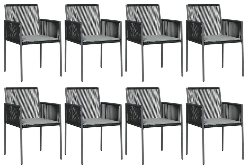 9 részes fekete polyrattan és acél kerti étkezőszett párnákkal