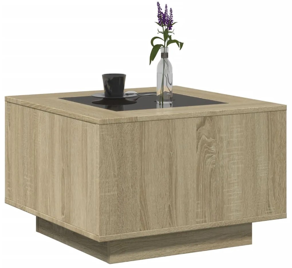 sonoma tölgy szerelt fa dohányzóasztal LED-del 60 x 60 x 40 cm