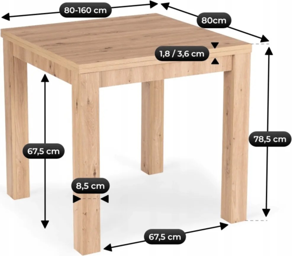 Stół MAX Rozkładany 80-160 cm Dąb Artisan