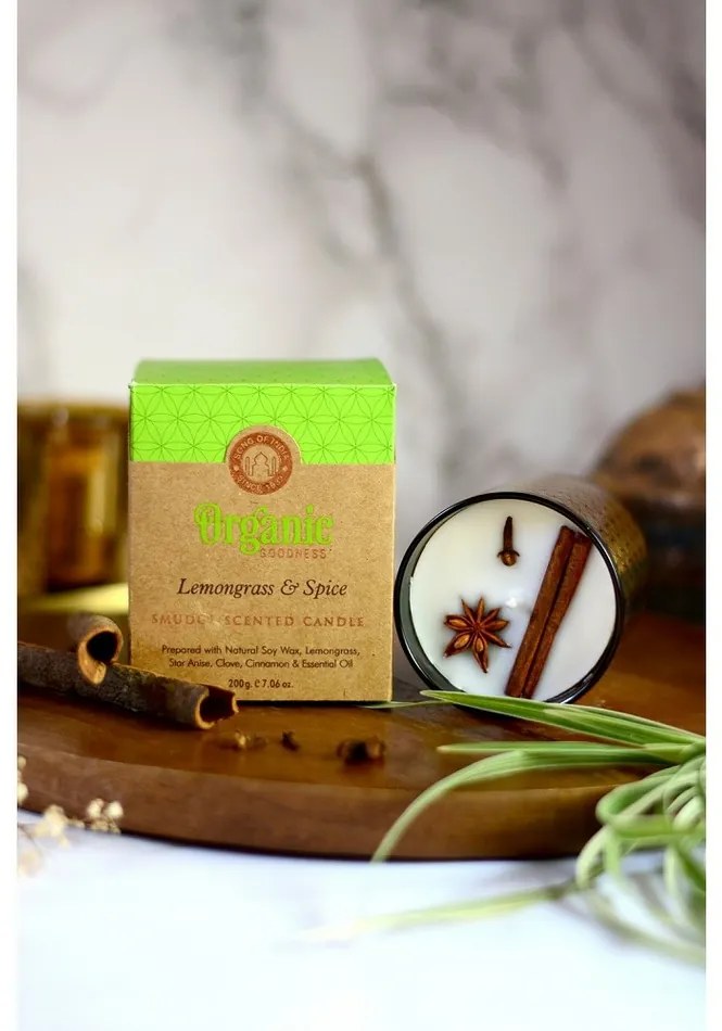 Organikus füstölő gyertya Lemongrass & Spice200 g üvegben, aranyfóliával