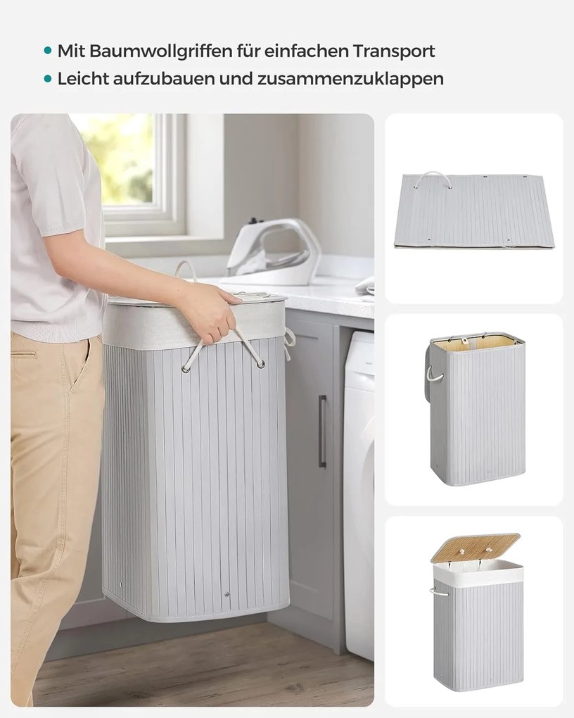 Szennyestartó fedéllel, 72 l, bambusz szennyeskosár, szürke