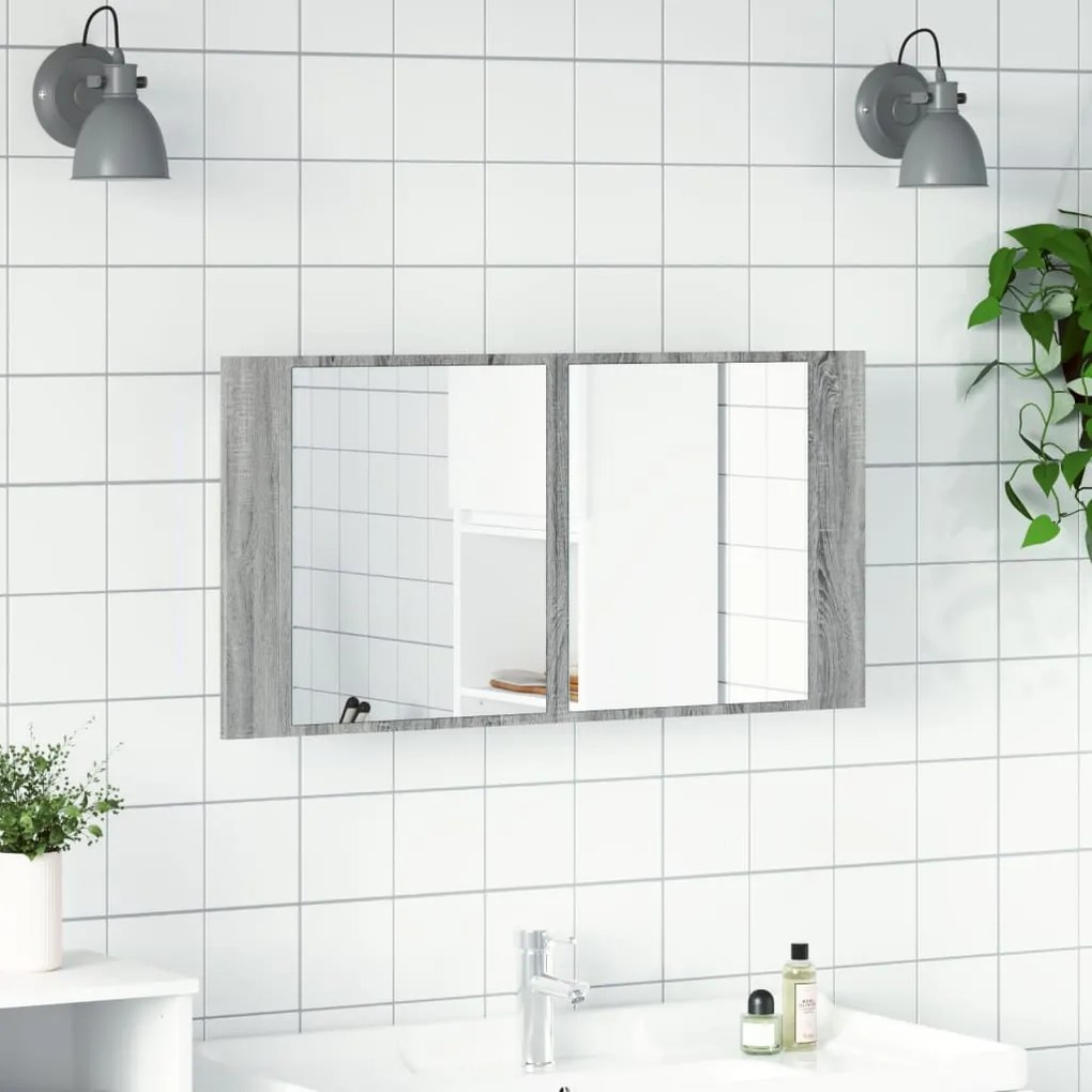 szürke sonoma akril LED-es tükrös fürdőszobaszekrény 90x12x45cm