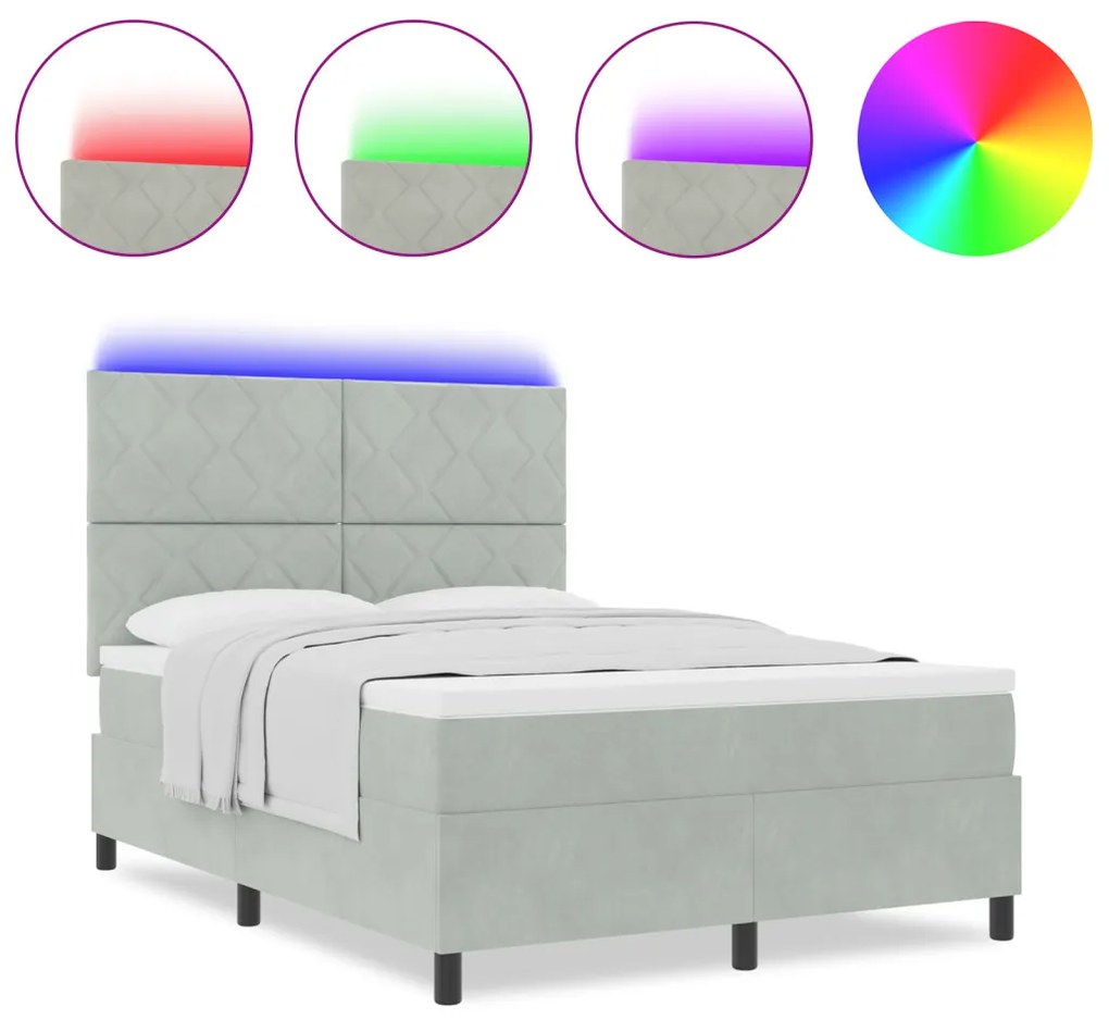 Boxspring Ágy Mattal & LED Fény Szürke 140x200 cm Bársony