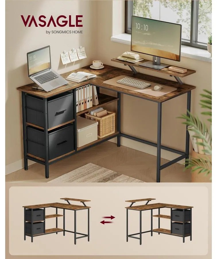 L alakú íróasztal 2 tágas fiókkal, sarokasztal állítható polccal, rusztikus barna