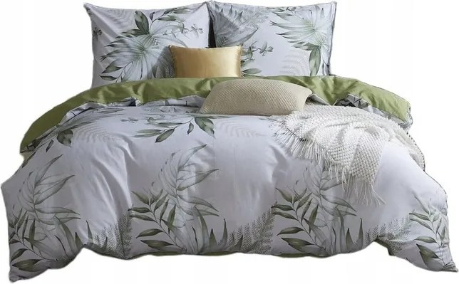 Pamut-szatén ágyneműhuzat 220x200 fehér zöld j.bézs gallyas levelekkel