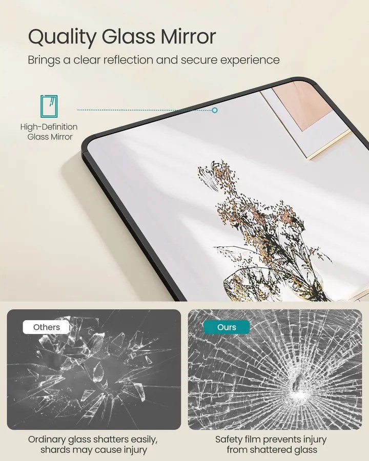 Állványos tükör, téglalap alakú, fekete, edzett üvegből, 150 x 40 cm