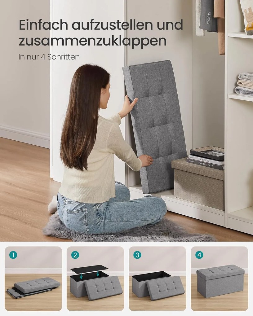 Puff, összecsukható tároló ottomán pad, lábtámasz, 80 L, 76x38x38 cm, világosszürke