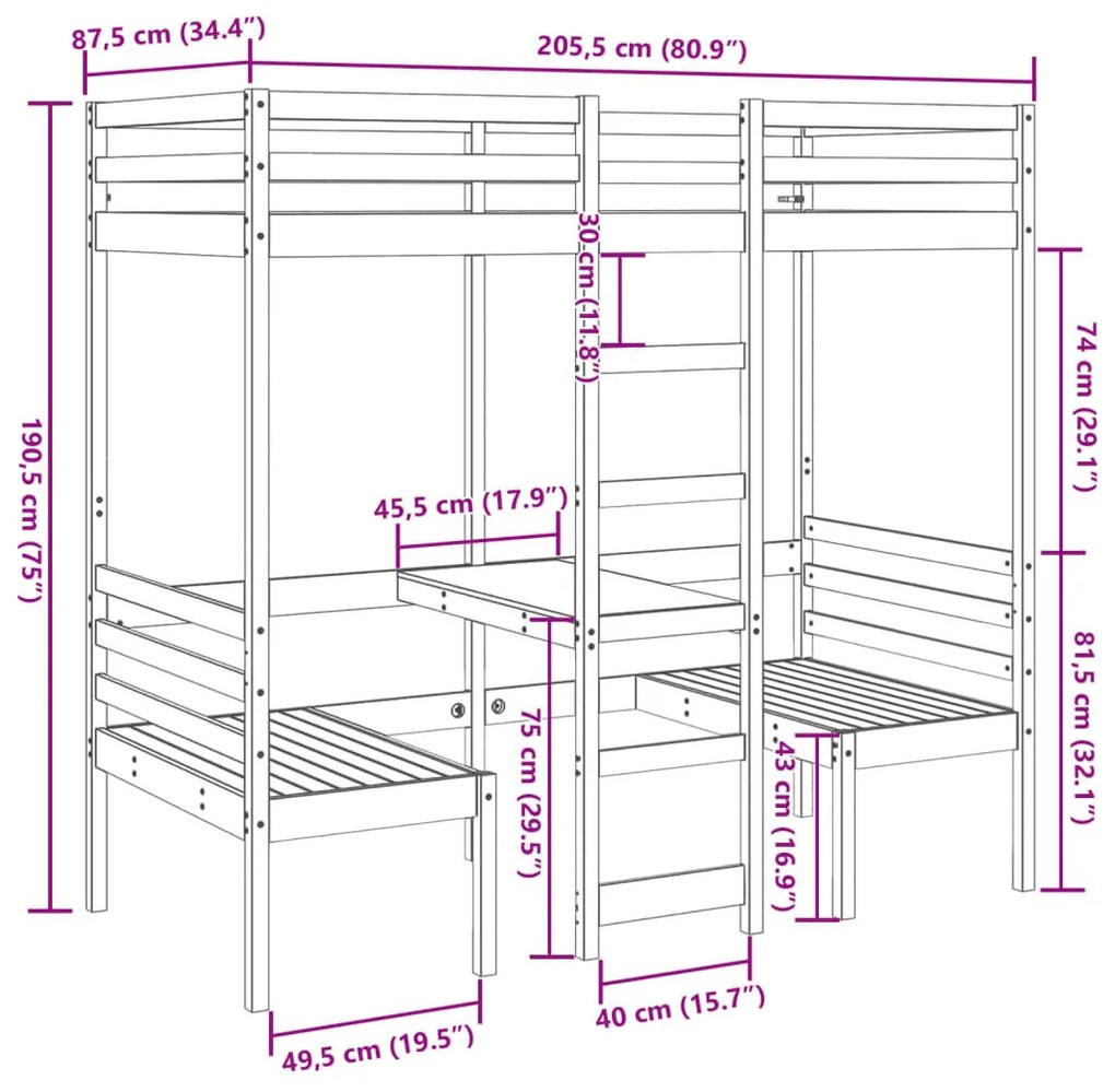 fehér fenyő galériaágy-keret asztallal és székekkel 80 x 200 cm