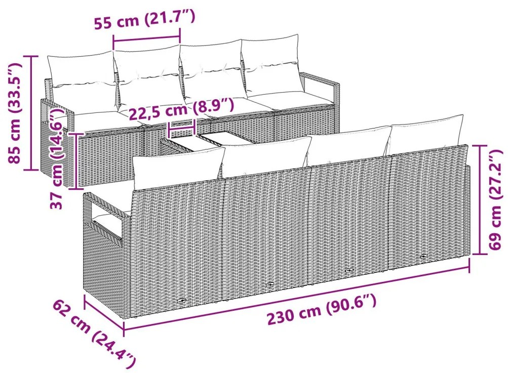 9 részes kerti kanapé szett párnákkal Barna Poli Rattan, 2 fős kerti kanapé párnákkal Barna Poli Rattan
