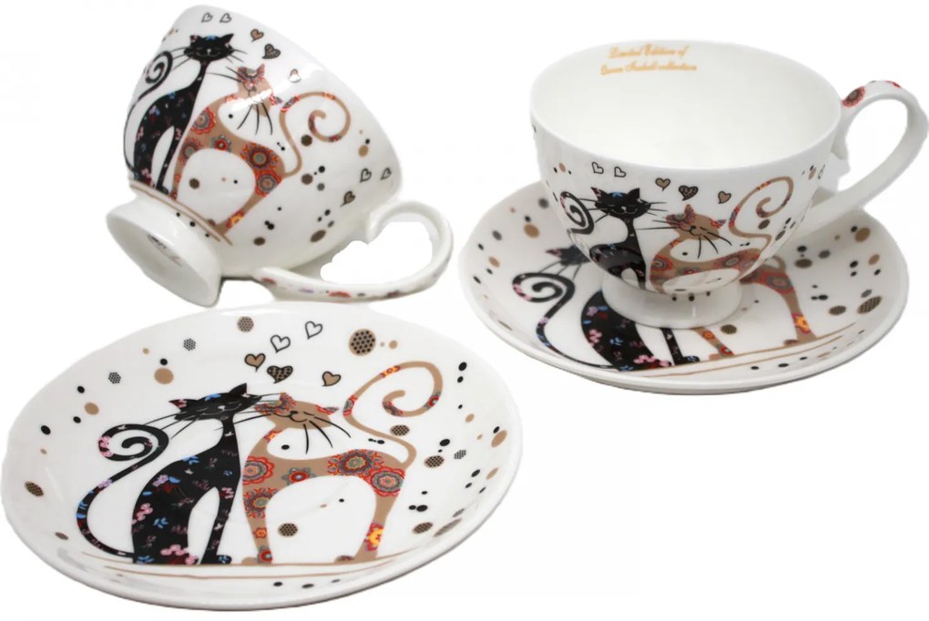 Cicás porcelán csésze aljjal 2 személyes 250 ml fekete-barna virágos macskák