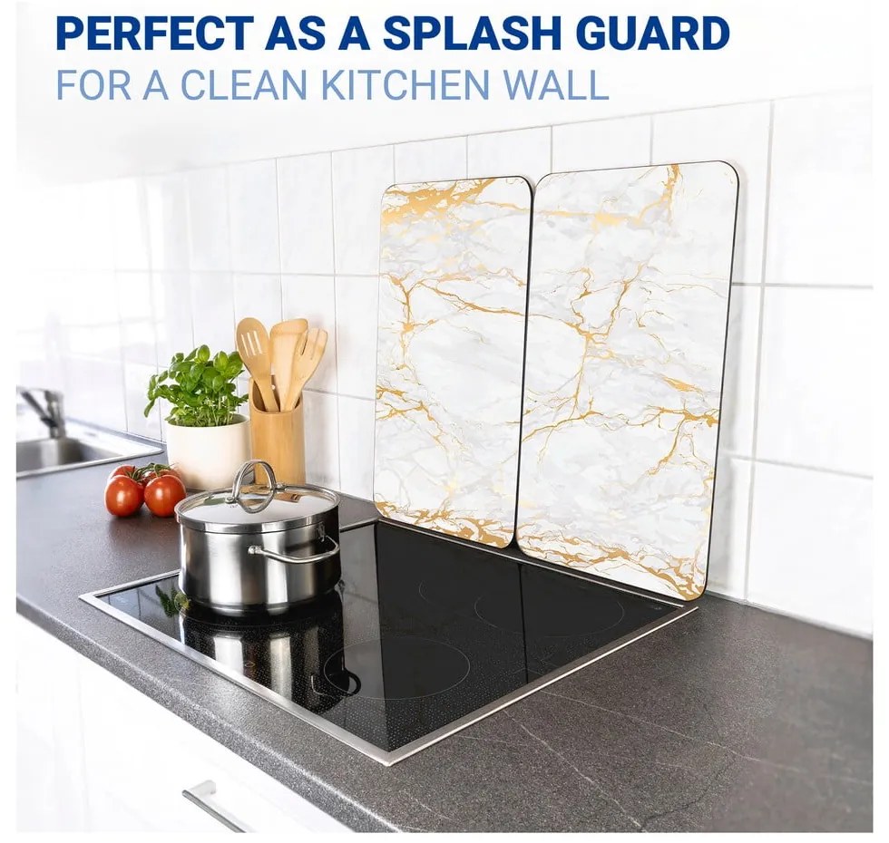 Fehér-aranyszínű edzett üveg tűzhely fedőlap szett 2 db-os 30x52 cm Marble – Wenko