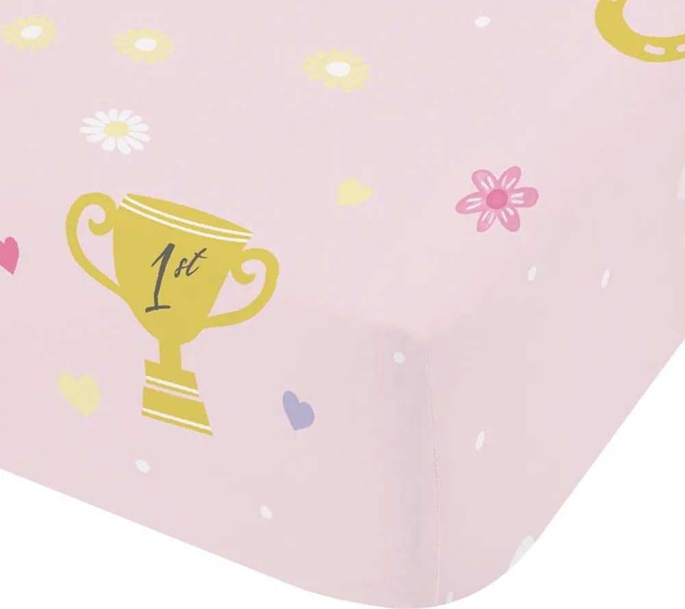 Rózsaszín gumis egyszemélyes gyerek lepedő 90x190 cm Happy Horses – Catherine Lansfield