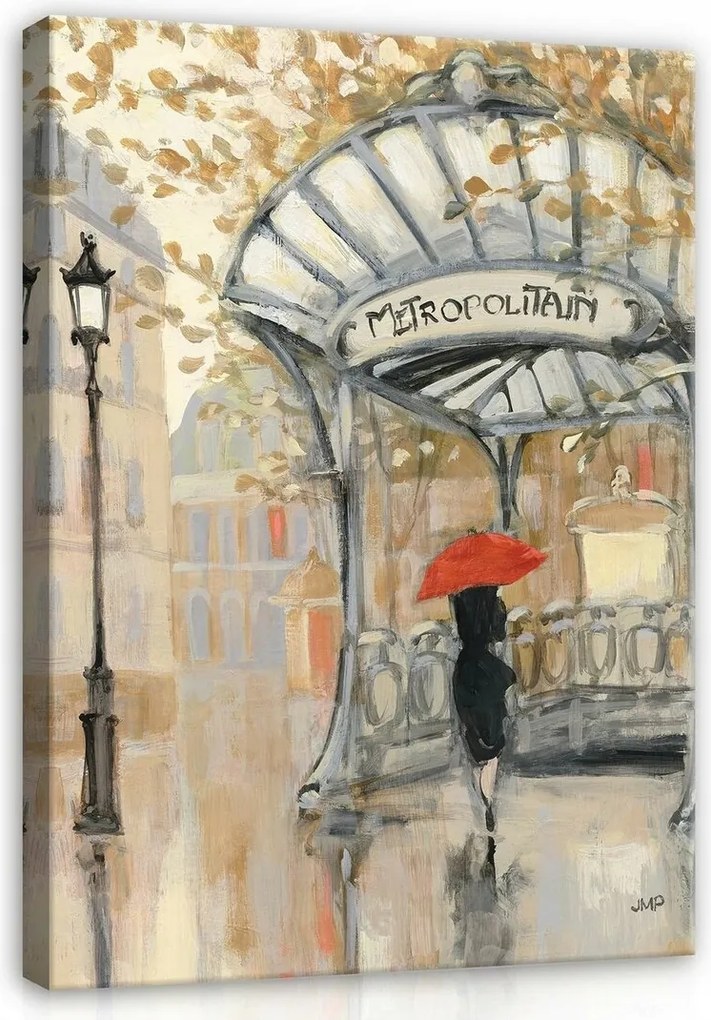 Vászonkép 40x60 Párizs metró eső ősz esernyő lámpa tájkép romantika
