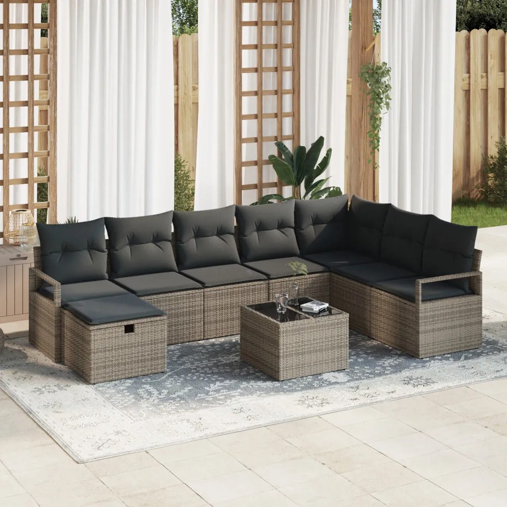 9-Darabos Kerti Kanapé Szett Párnákkal Szürke Poli Rattan, 2-Fős Kerti Kanapé Párnákkal Szürke Poli Rattan
