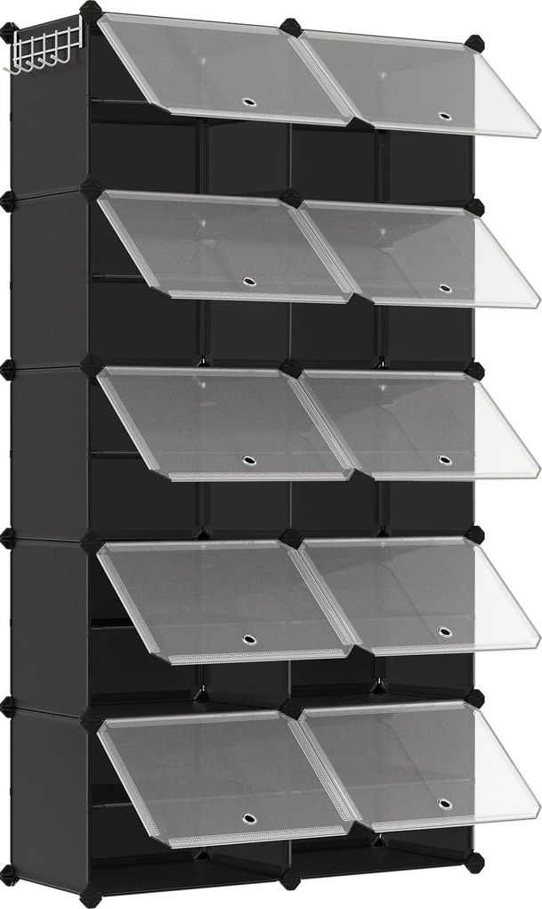 Összekapcsolható cipőtartó, 10 rekeszes műanyag cipőszekrény, fekete