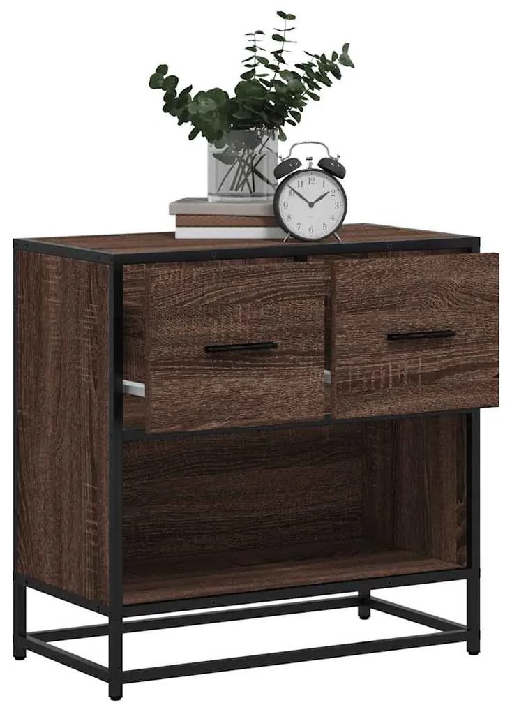 Barna tölgy színű szerelt fa és fém éjjeliszekrény 60x31x60 cm