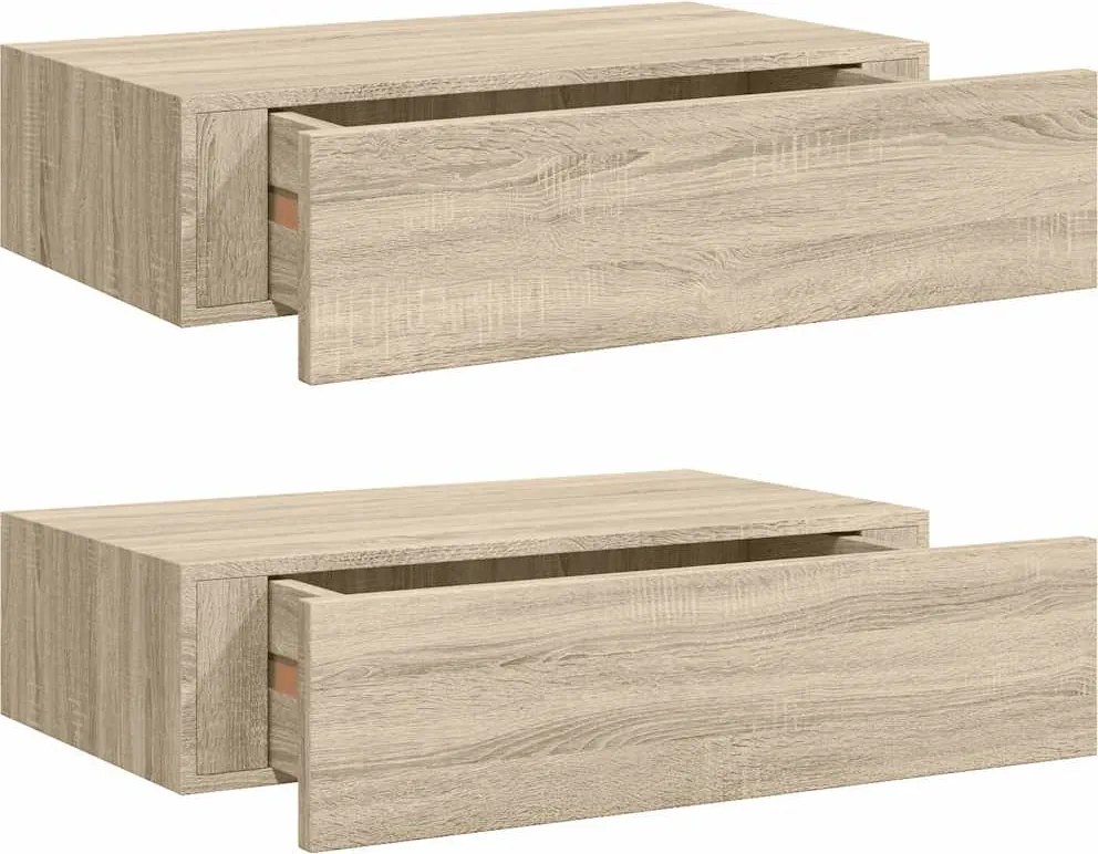vidaXL 2 db tölgyszínű MDF falra szerelhető fiókos polc 40x23,5x10 cm