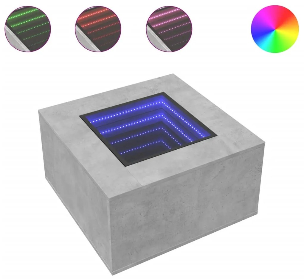 betonszürke szerelt fa dohányzóasztal LED-del 60 x 60 x 40 cm