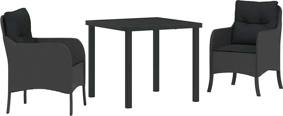 vidaXL Kert étkező szett párnával 3 pcs Fekete polirattan