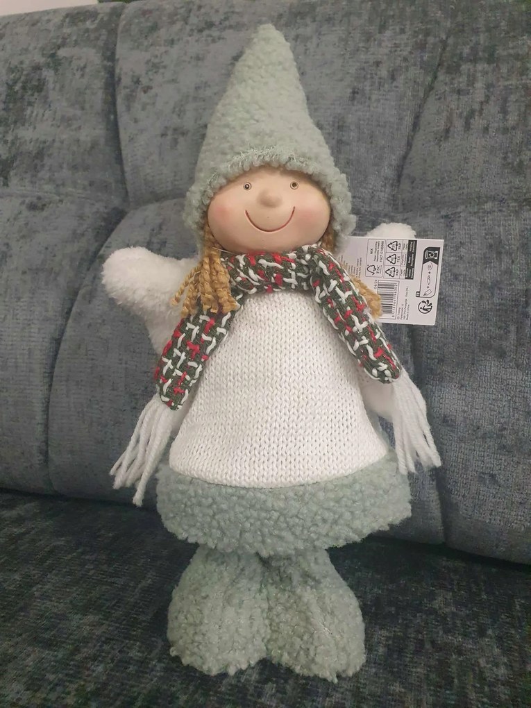 Fehér/zöld dekorációs angyalka porcelán arccal