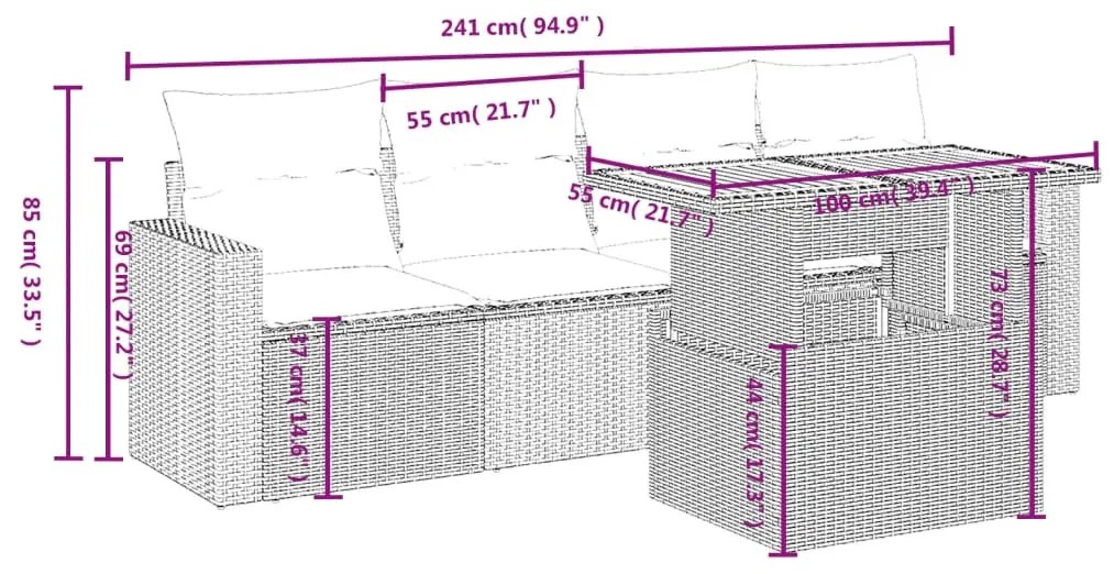 5 részes fekete polyrattan kerti kanapészett párnákkal