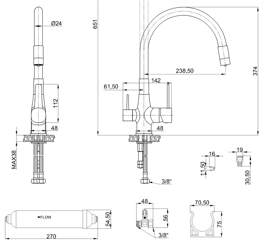 Invena Magic, szabadon álló mosogatócsap flexibilis karral és ivóvízszűrővel, fekete-króm, INV-BZ-08-F08-V