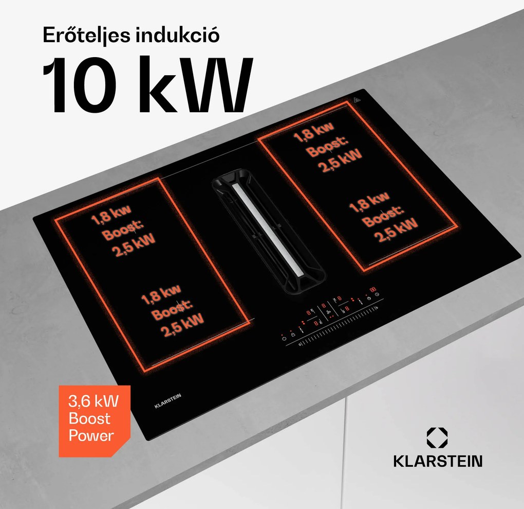 Klarstein AirJet 72 Down Air System, indukciós tűzhely + DownAir-páraelszívó,10 000 W, 446 m³/h, Boost