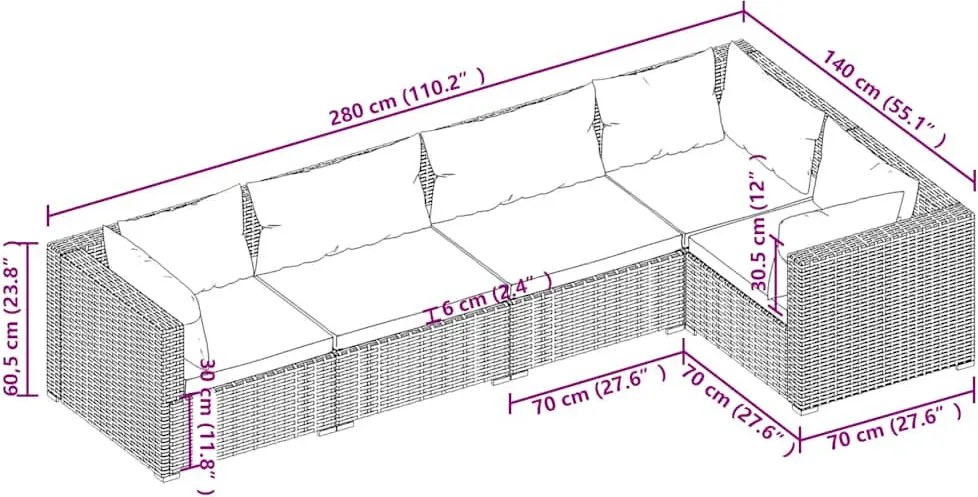 5 részes szürke polyrattan kerti ülőgarnitúra párnákkal