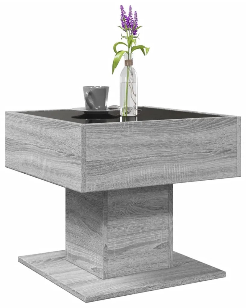szürke sonoma szerelt fa dohányzóasztal LED-del 50 x 50 x 45 cm