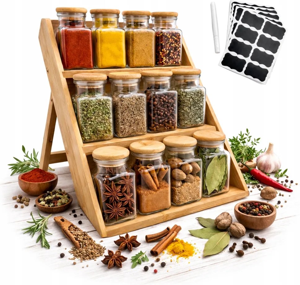 Fűszerrendező Készlet 12 Tégely 150ml Tárolók Üveg matricák