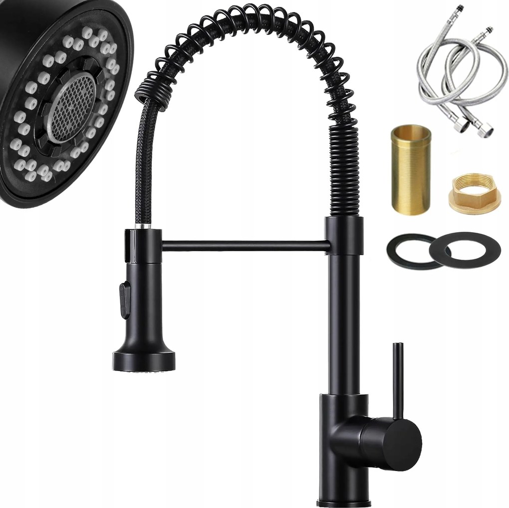 Konyhai Csaptelep Fekete Kihúzható Kifolyócső Fekete Matt Rugalmas Rugós