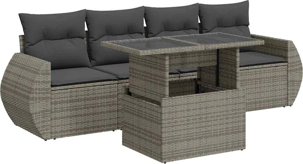 vidaXL 5 részes szürke polyrattan kerti ülőgarnitúra párnákkal