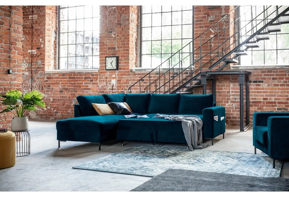 Türkiz bársony kinyitható sarokkanapé (bal oldali) Lofty Lilly – Miuform