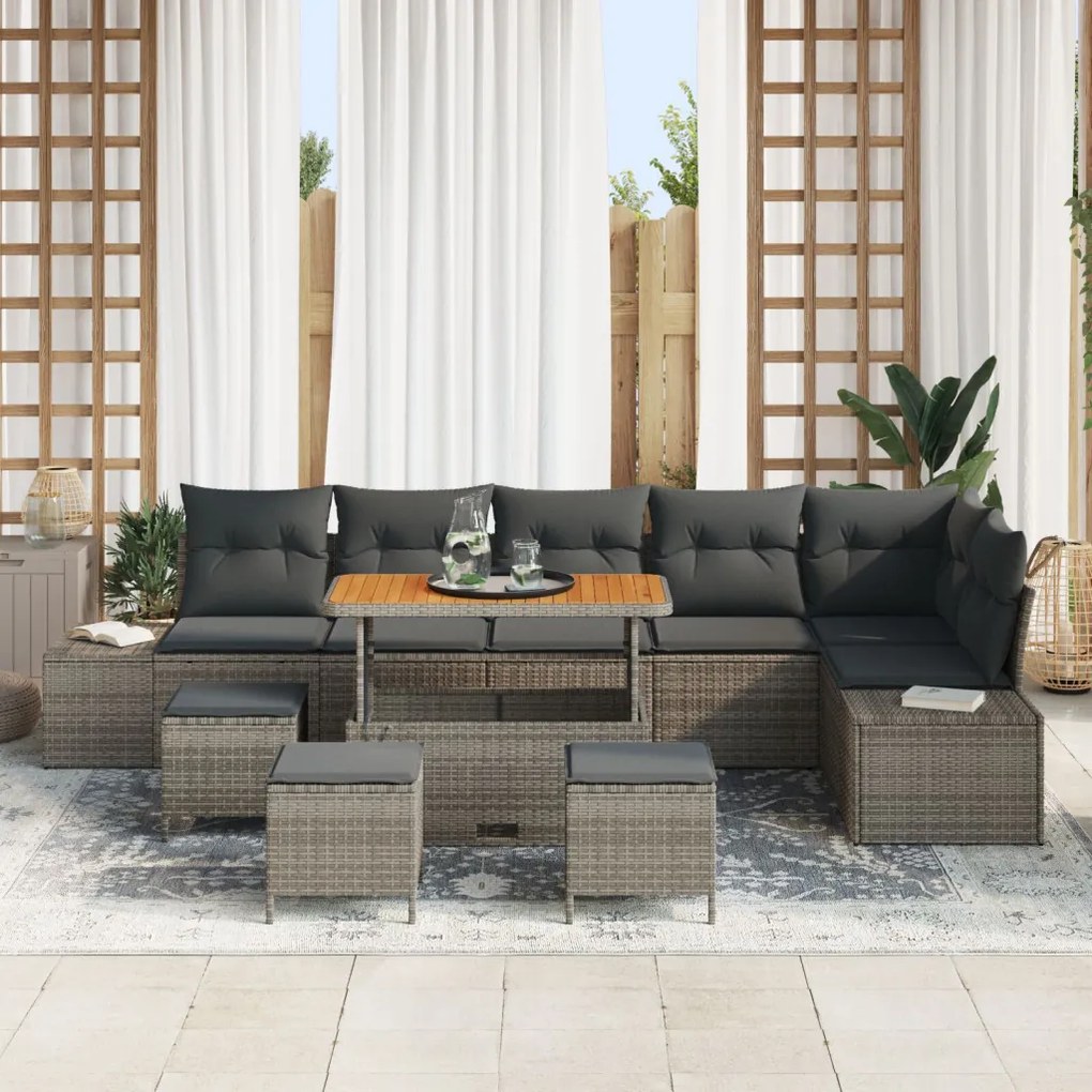 9 darabos kerti sofa szett párnákkal szürke poli rattan akáciával, 2 fős kerti sofa párnákkal szürke poli rattan, 3 darabos kerti étkező szett párnákkal szürke poli rattan akáciával