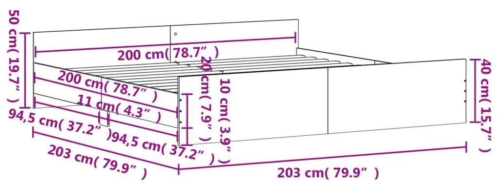füstös tölgy színű ágykeret fej- és lábtámlával 200 x 200 cm