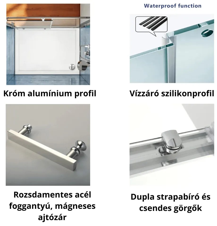 Stuxi Delhi 100x90 falsíkra szerelhető 3 oldalú tolóajtós zuhanykabin 6 mm vastag vízlepergető biztonsági üveggel, krómozott elemekkel, 200 cm magas