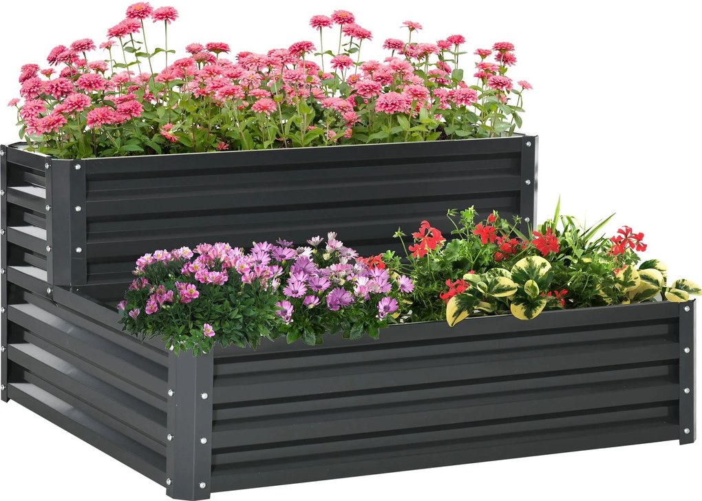 Outsunny 2-Tiers Városi Kertészeti Ültetődoboz Kültéri Acél Növényládával Lépcsőformában Gyógy- és Fűszernövények, Virágok Terasz Kerthez 120x101x58 c