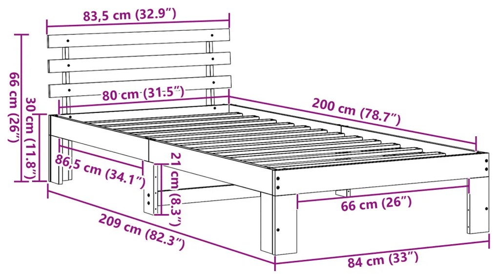 Fenyőfa Ágykeret Fehér Fa 80 x 200 cm Fehér ágykeret