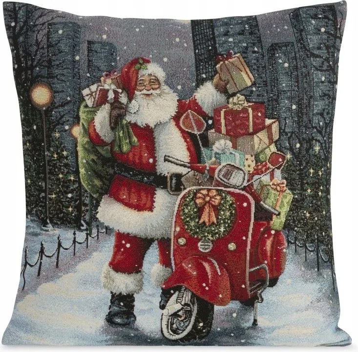 Karácsonyi párnahuzat 45x45 Mikulás robogó szürke piros gobelin 6128