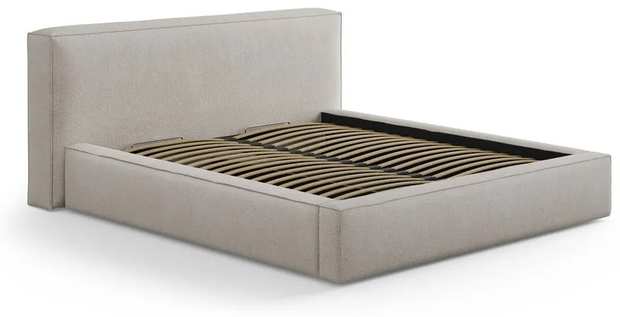 Világosszürke kárpitozott ágyneműtartós franciaágy ágyráccsal 200x200 cm Simon – Micadoni