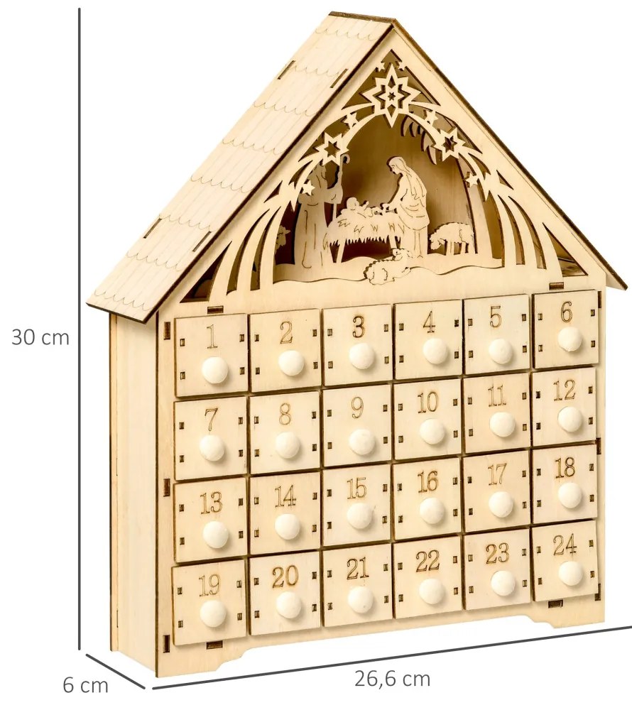 Adventi naptár 24 fiókos, LED-fényekkel, természetes fa 26,6 x 6 x 30 cm