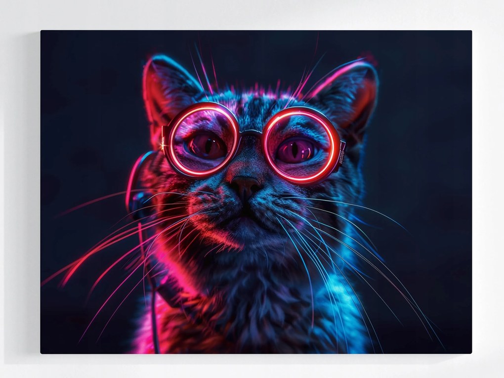 Poszter Portré Macska Rózsaszín Szemüveg Techno Nerd 100x75