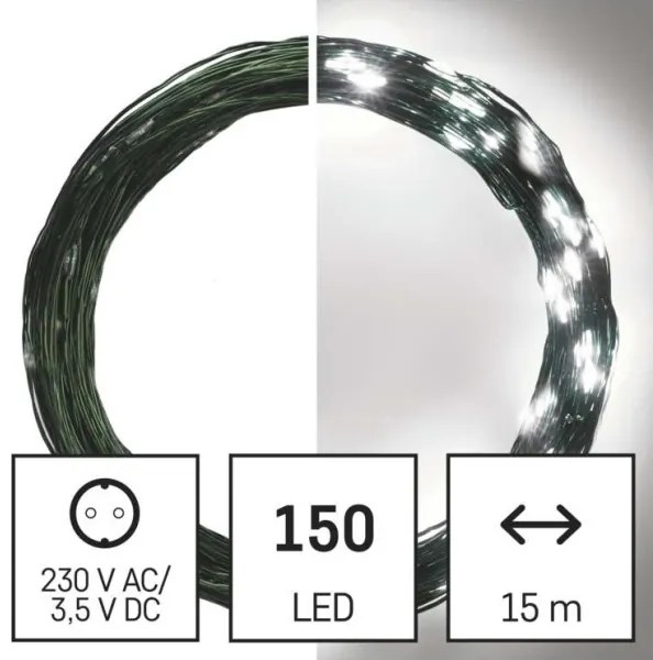 LED kültéri fényfüzér, 150 LED, 20 m, IP44, hideg fehér